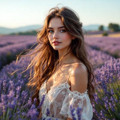 The primary subject of the image is a woman with long, flowing hair, standing in a field of purple flowers. She is wearing a white dress and appears to be enjoying her time in the beautiful, lavender-filled environment. The setting is a field of lavender, which adds a serene and peaceful atmosphere to the scene. The visual style of the image is a photo, capturing the woman's beauty and the vibrant colors of the flowers.